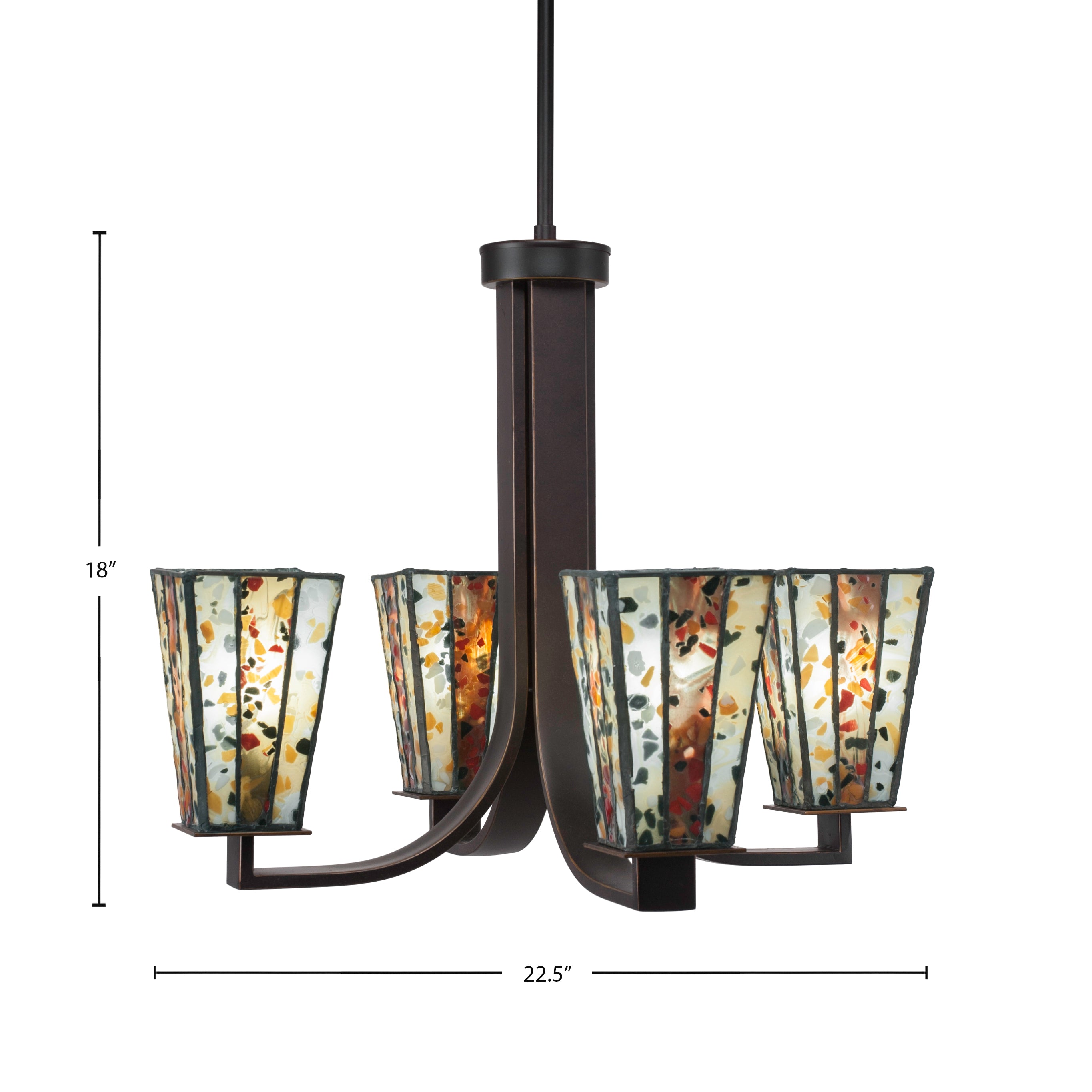 Apollo Four Light Chandelier in Dark Granite with 5" Square Fiesta Art Glass Shade