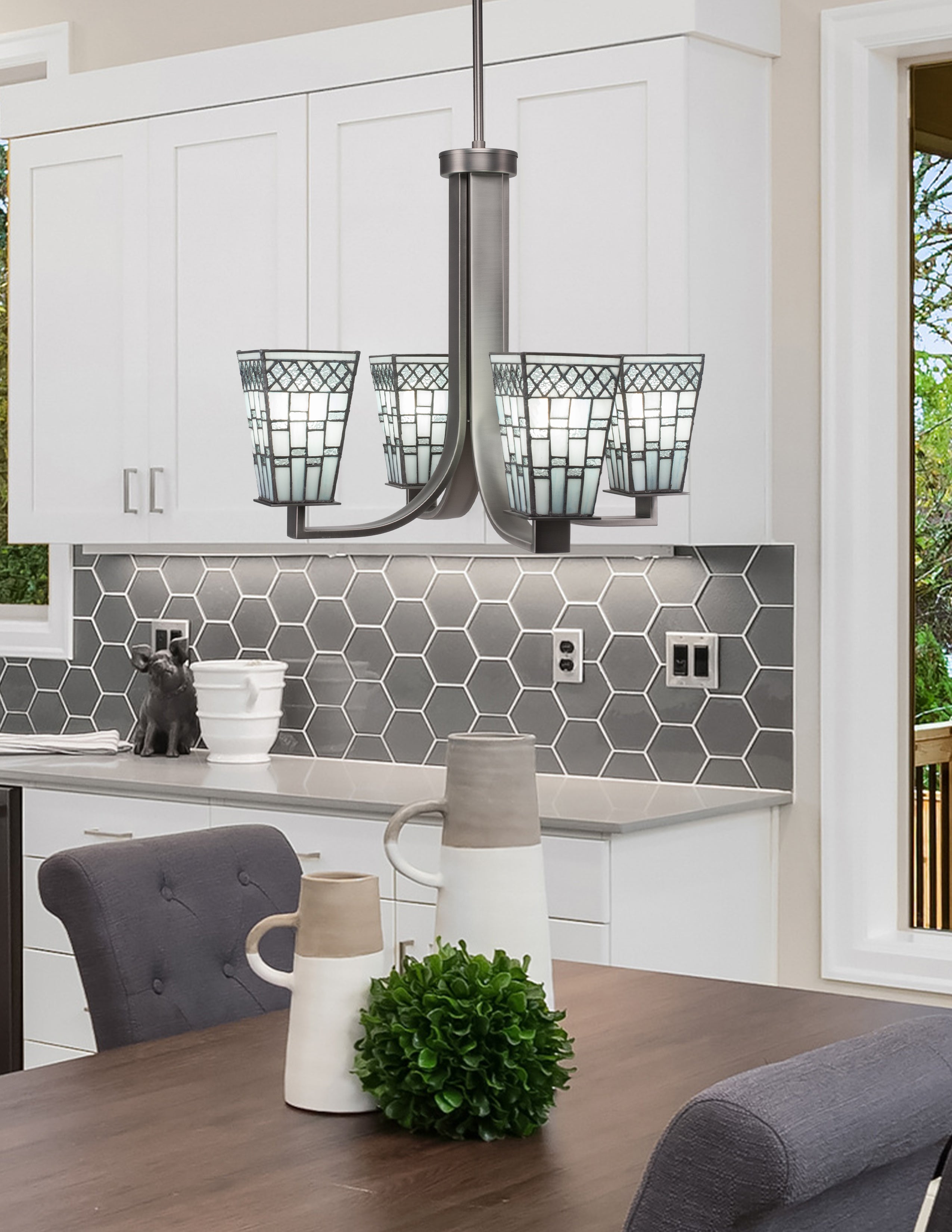 Apollo Four Light Chandelier in Graphite with 5" Square Pewter Art Glass Shade