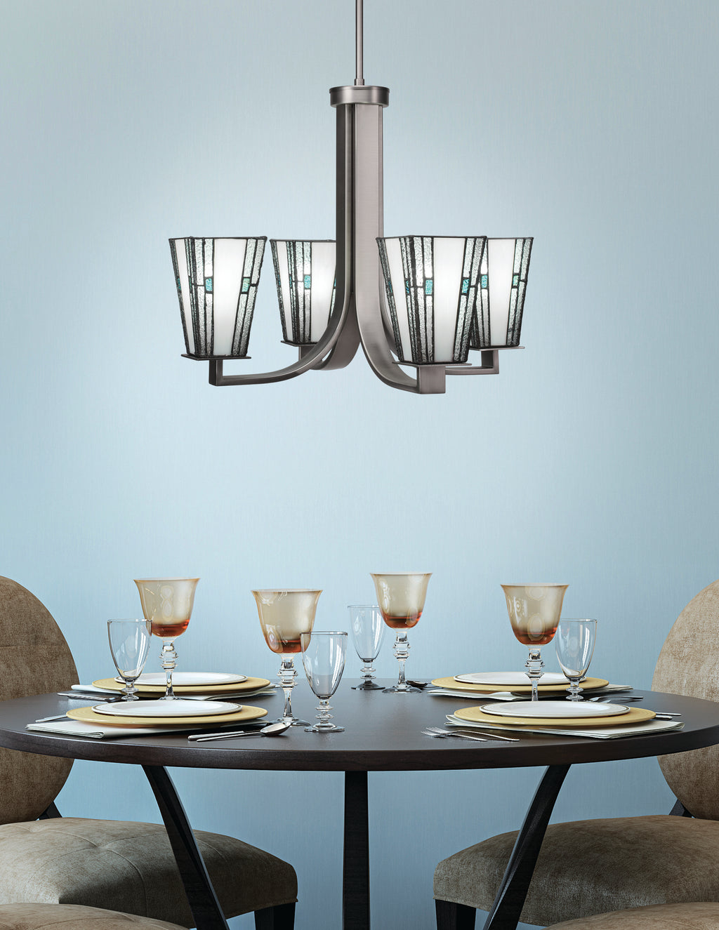 Apollo Four Light Chandelier in Graphite with 5" Square Sky Ice Art Glass Shade
