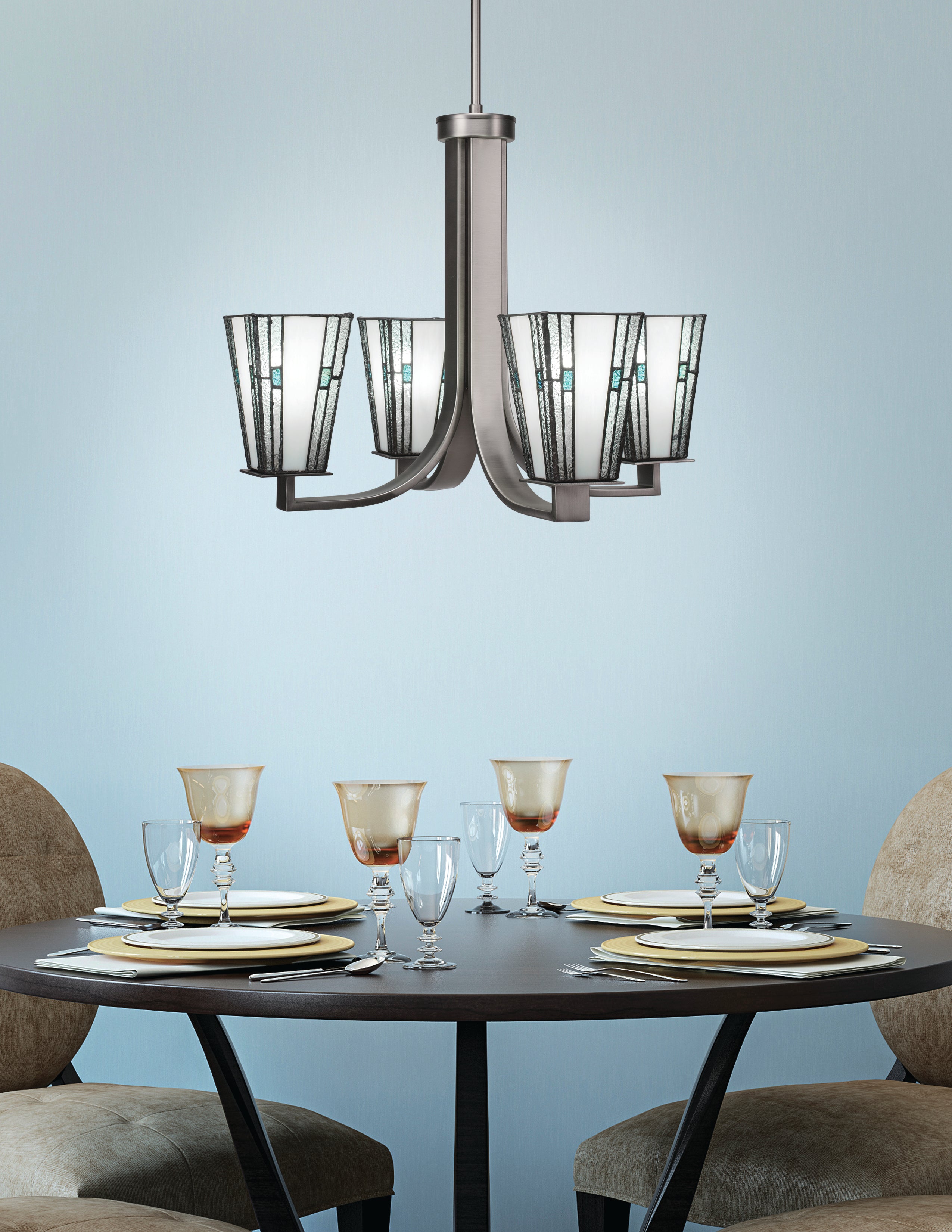Apollo Four Light Chandelier in Graphite with 5" Square Sky Ice Art Glass Shade