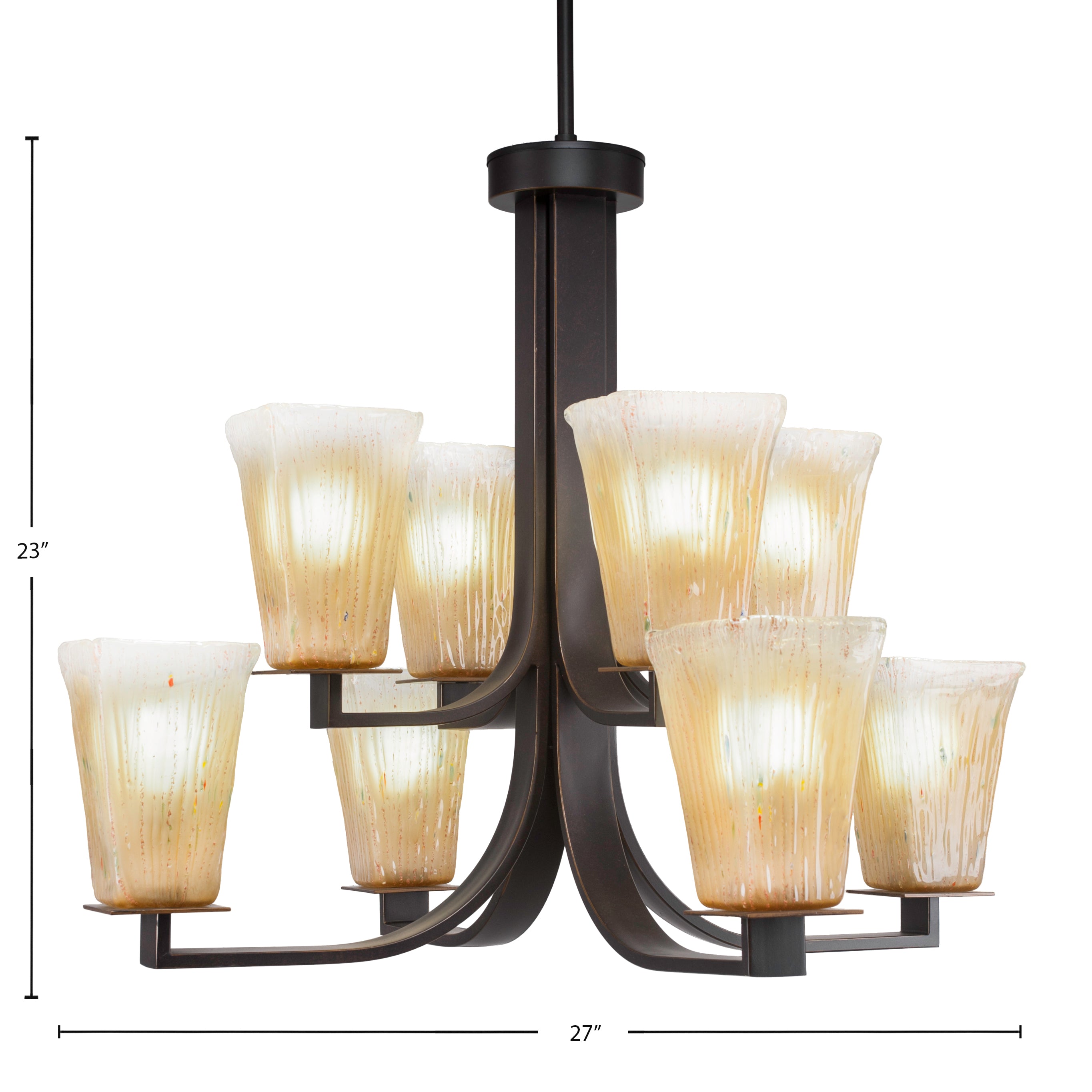 Apollo Eight Light Chandelier in Dark Granite with 5" Square Amber Crystal Shade