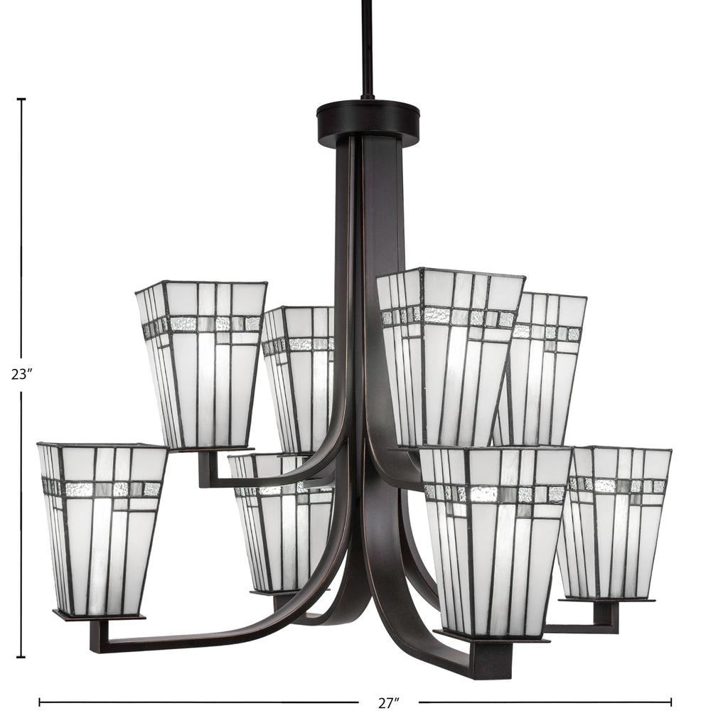 Apollo Eight Light Chandelier in Dark Granite with 5" Square New Deco Art Glass Shade