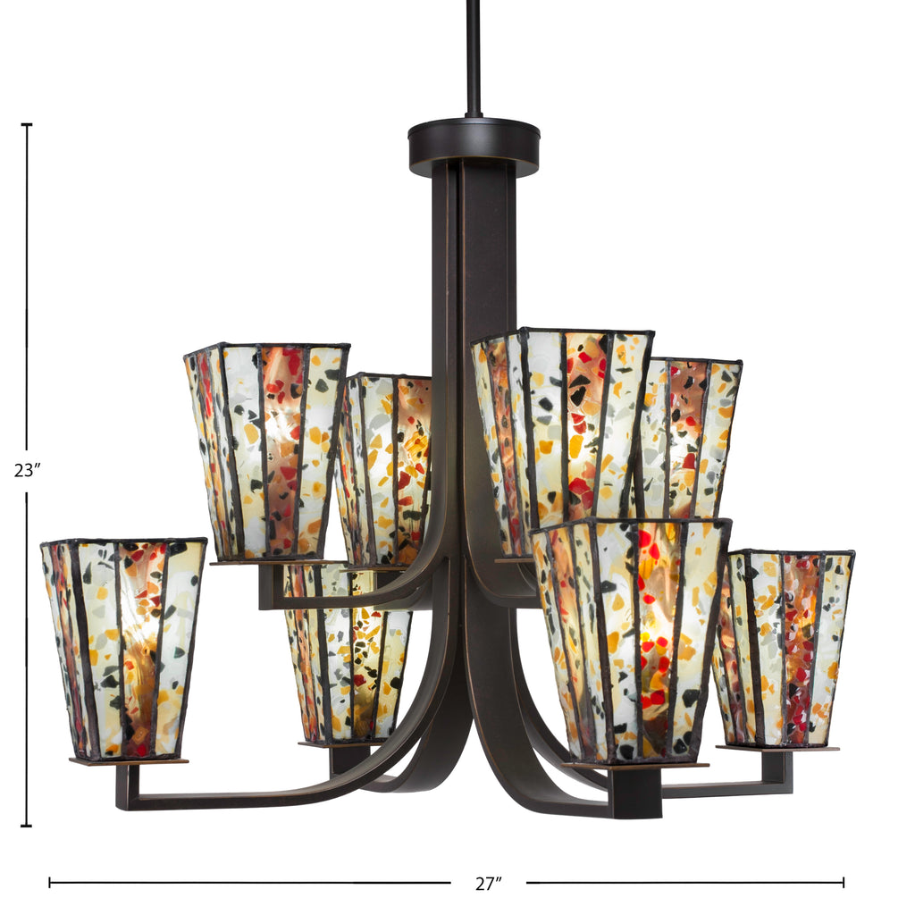 Apollo Eight Light Chandelier in Dark Granite with 5" Square Fiesta Art Glass Shade