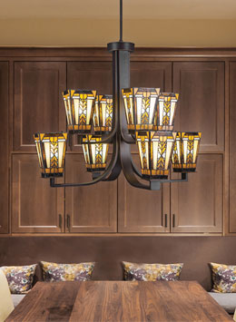 Apollo Eight Light Chandelier in Dark Granite with 5" Square Santa Cruz Art Glass Shade