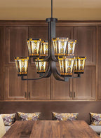 Apollo Eight Light Chandelier in Dark Granite with 5" Square Santa Cruz Art Glass Shade