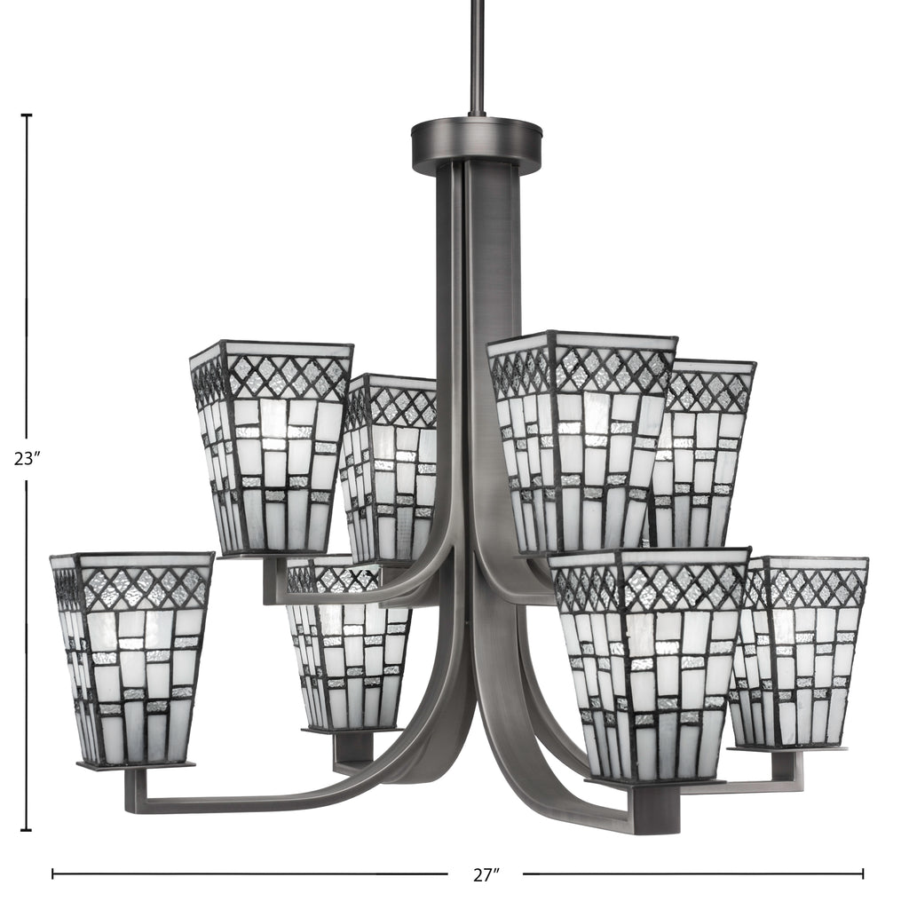 Apollo Eight Light Chandelier in Graphite with 5" Square Pewter Art Glass Shade