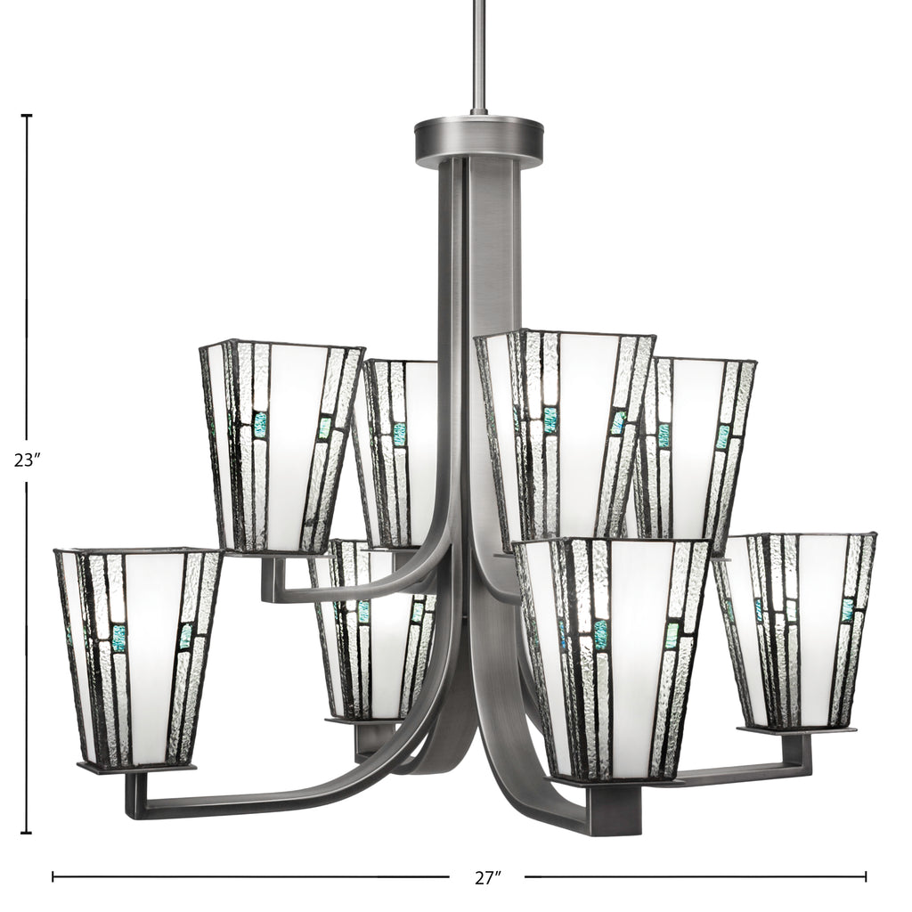 Apollo Eight Light Chandelier in Graphite with 5" Square Sky Ice Art Glass Shade