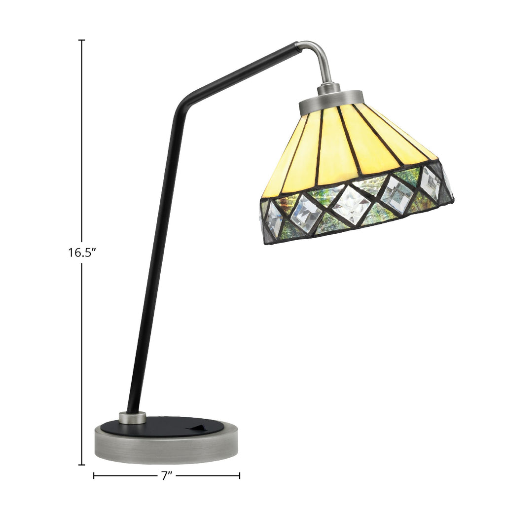 Desk Lamps One Light Desk Lamp in Graphite & Matte Black with 7" Diamond Peak Art Glass Shade