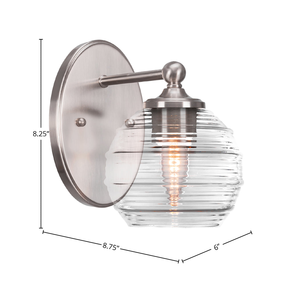 Capri One Light Wall Sconce in Brushed Nickel with 6" Clear Ribbed Shade