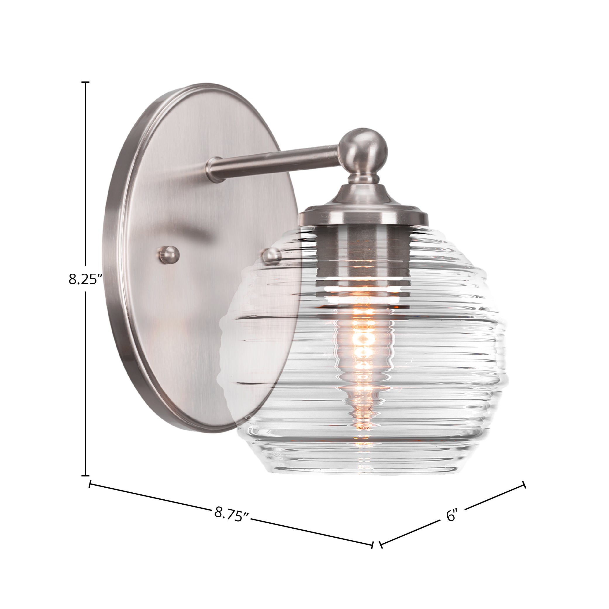 Capri One Light Wall Sconce in Brushed Nickel with 6" Clear Ribbed Shade