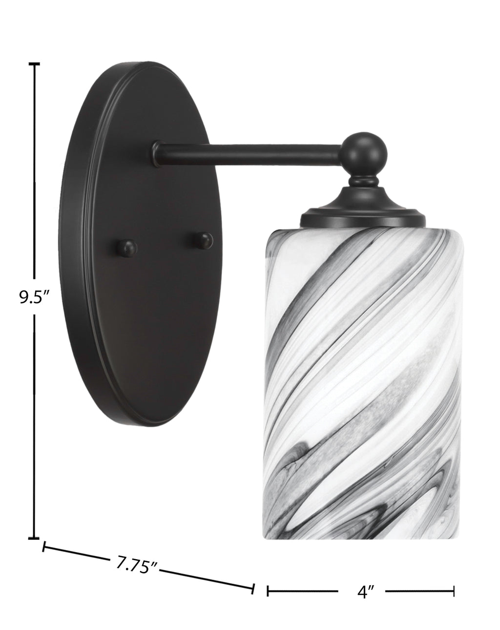 Capri One Light Wall Sconce in Matte Black with 4" Onyx Swirl Shade