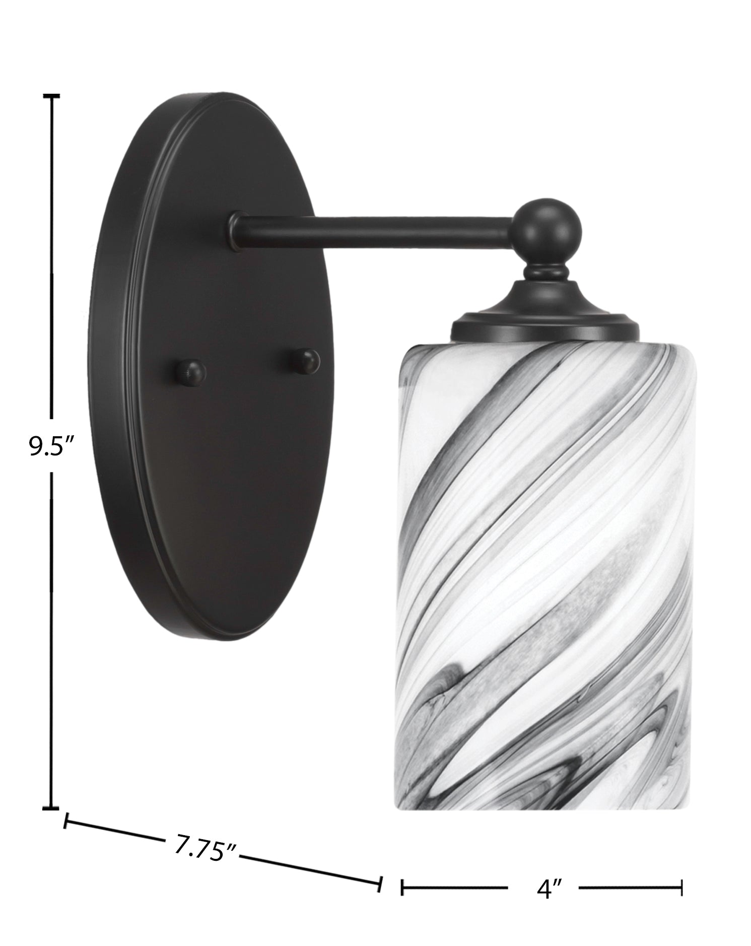 Capri One Light Wall Sconce in Matte Black with 4" Onyx Swirl Shade