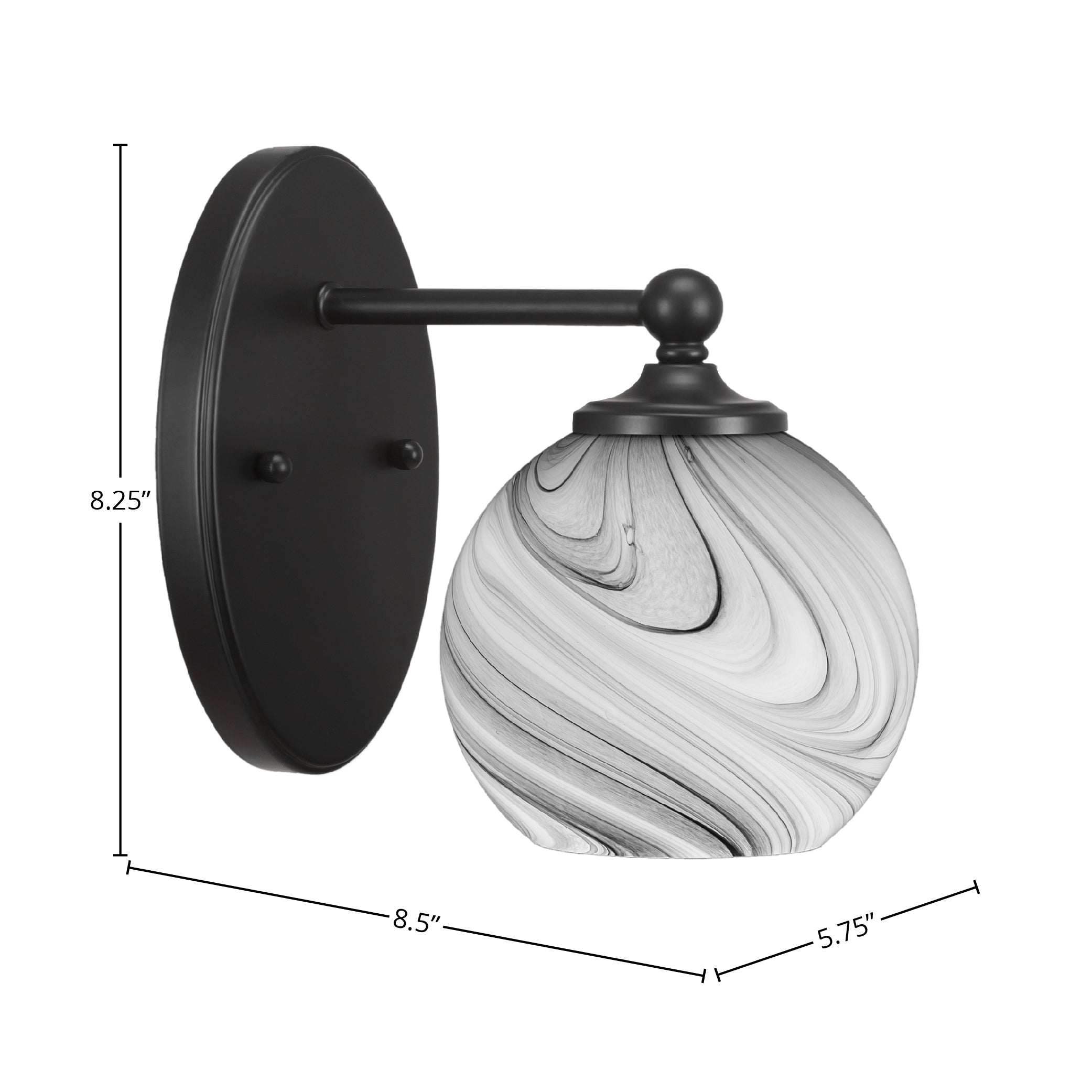 Capri One Light Wall Sconce in Matte Black with 5.75" Onyx Swirl Shade