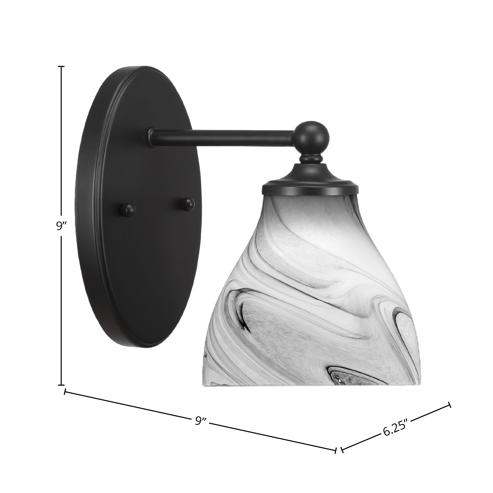 Capri One Light Wall Sconce in Matte Black with 6.25" Onyx Swirl Shade