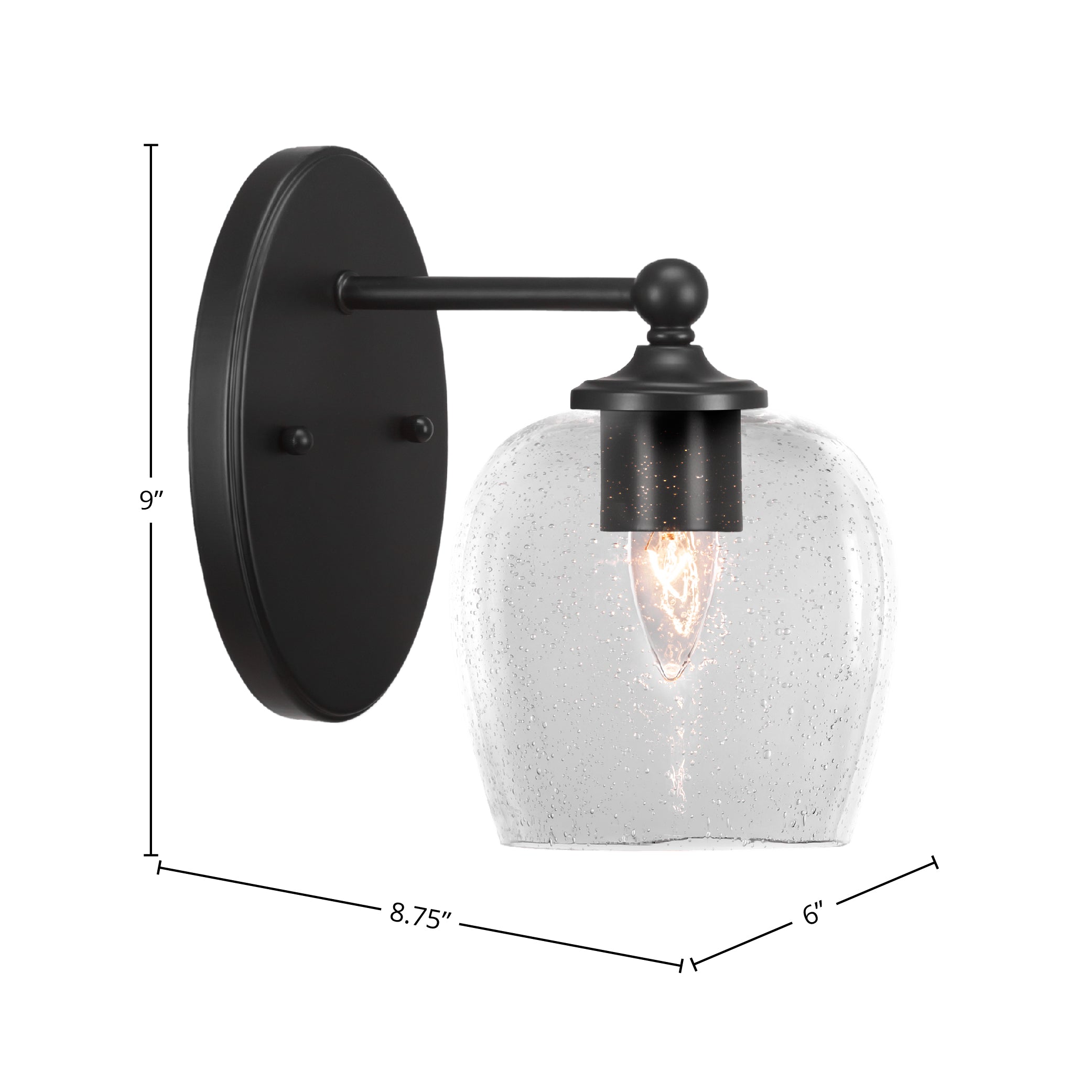 Capri One Light Wall Sconce in Matte Black with 6" Clear Bubble Shade