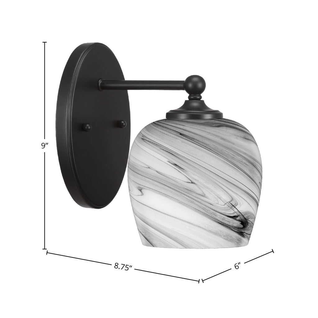 Capri One Light Wall Sconce in Matte Black with 6" Onyx Swirl Shade
