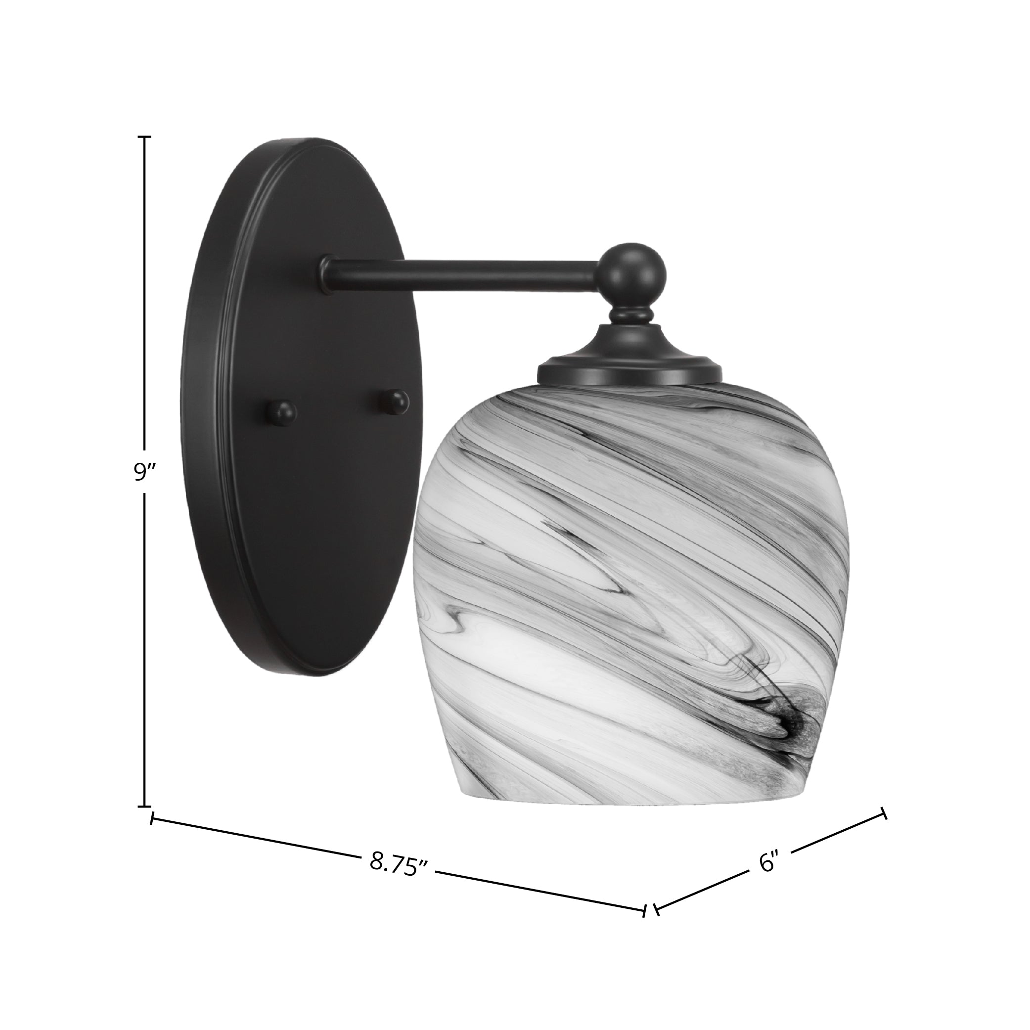 Capri One Light Wall Sconce in Matte Black with 6" Onyx Swirl Shade