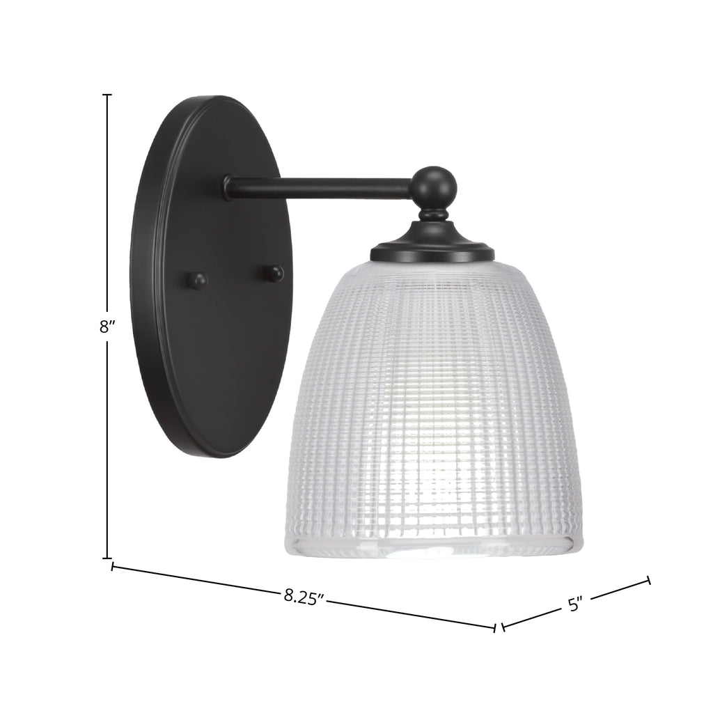 Capri One Light Wall Sconce in Matte Black with 5" Clear Ribbed Shade