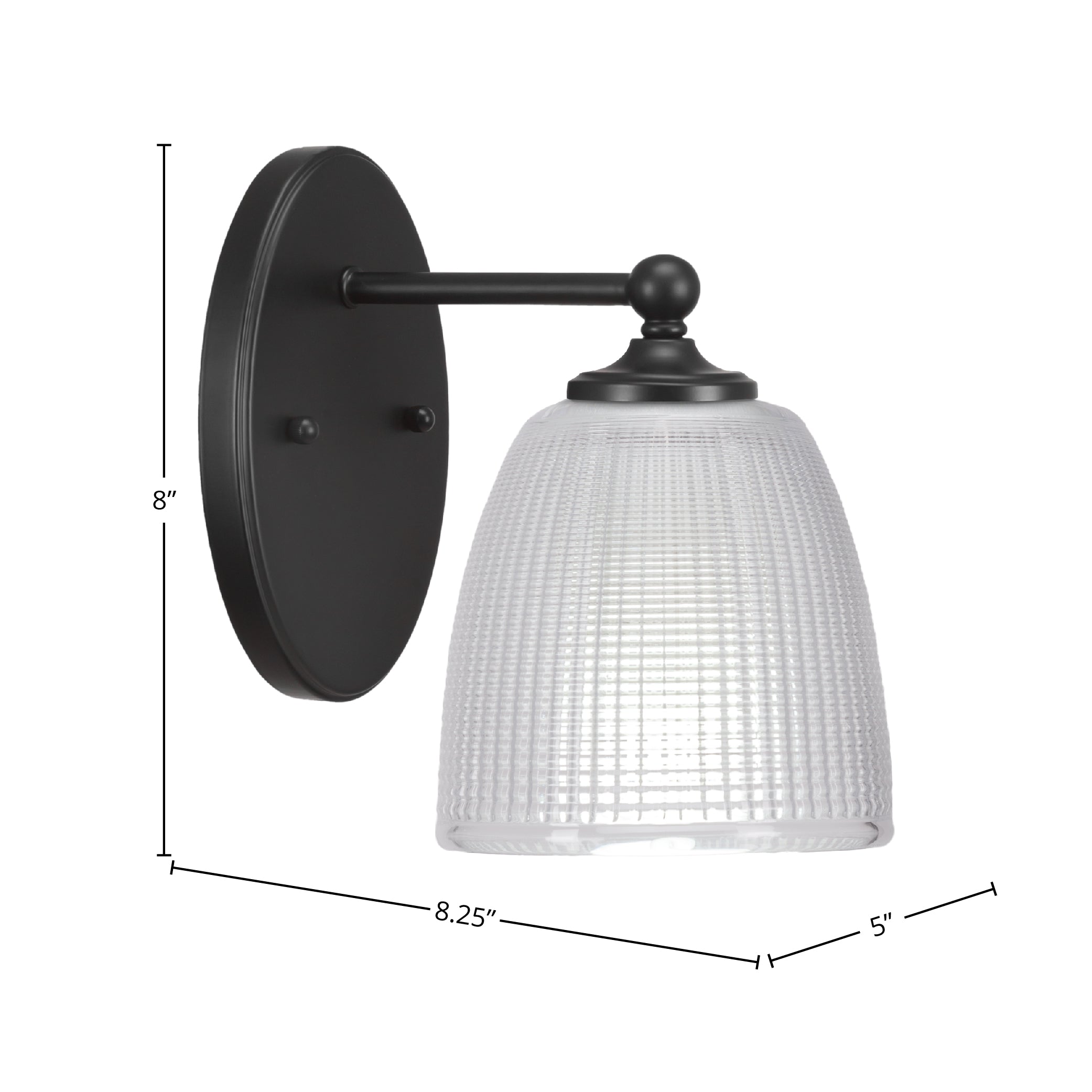 Capri One Light Wall Sconce in Matte Black with 5" Clear Ribbed Shade