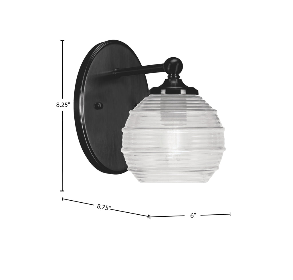 Capri One Light Wall Sconce in Matte Black with 6" Clear Ribbed Shade