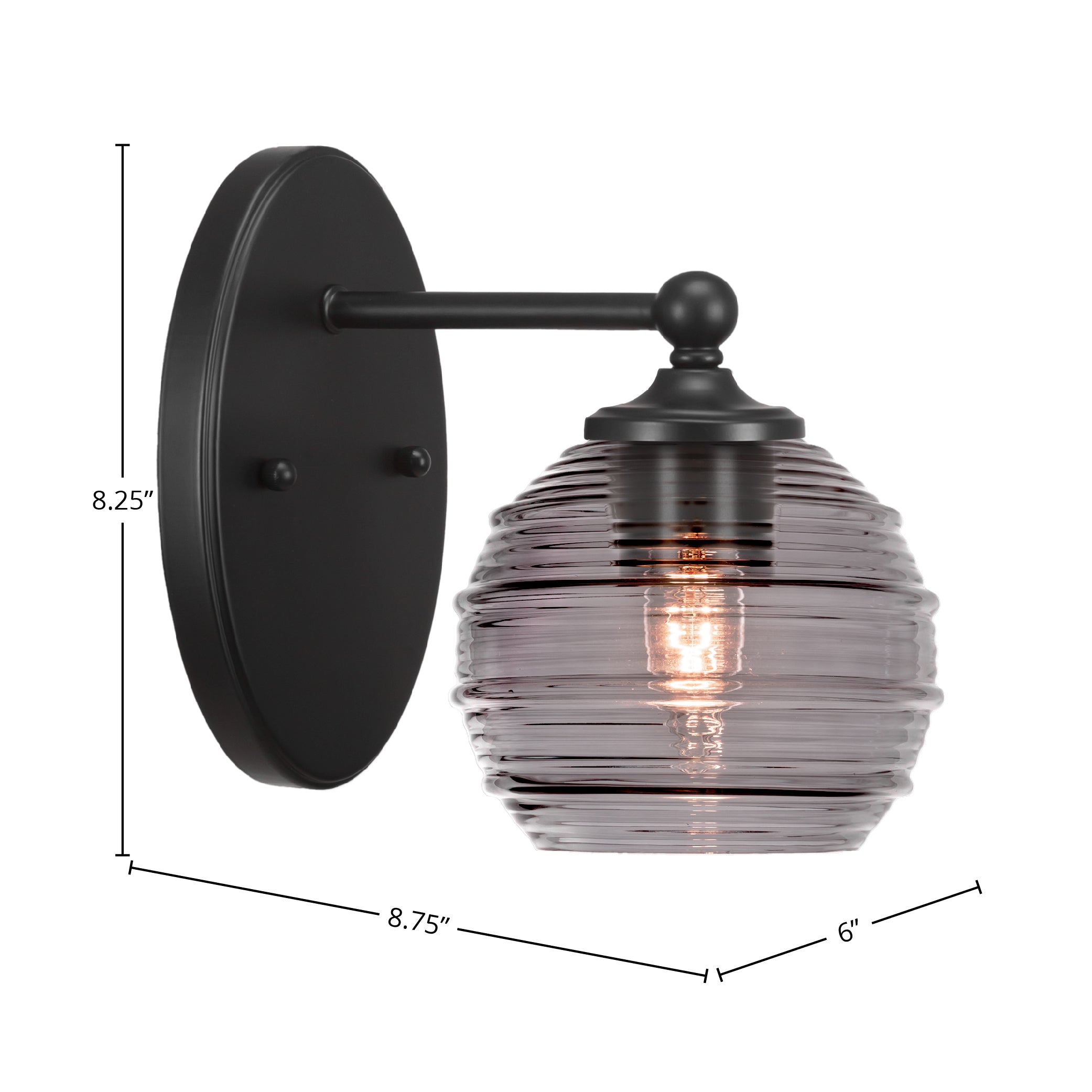 Capri One Light Wall Sconce in Matte Black with 6" Smoke Ribbed Shade
