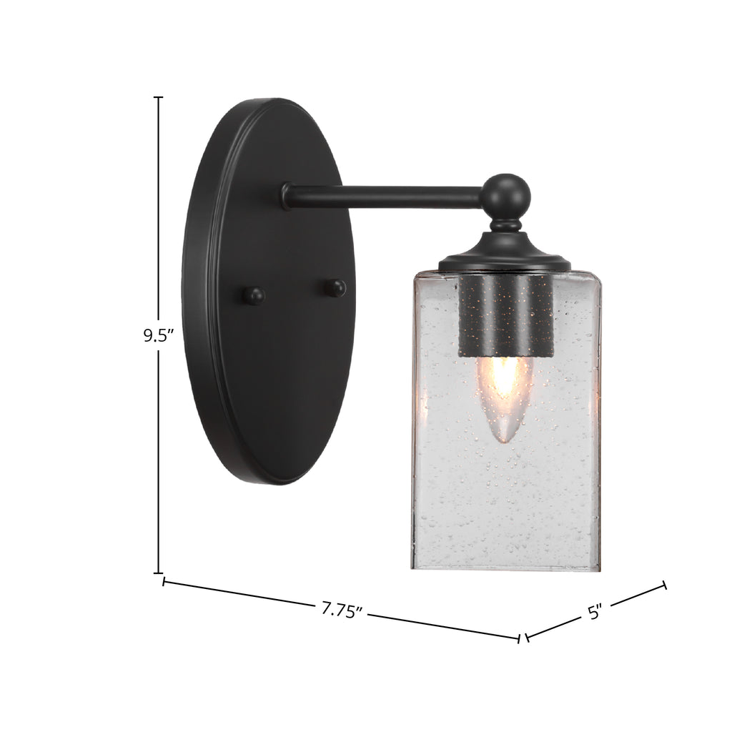 Capri One Light Wall Sconce in Matte Black with 4" Square Clear Bubble Shade