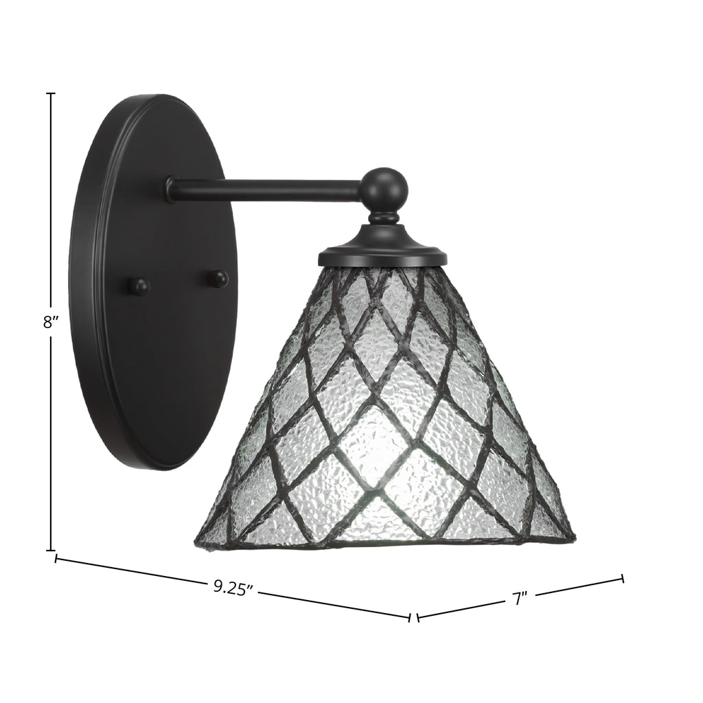 Capri One Light Wall Sconce in Matte Black with 7" Diamond Ice Art Glass Shade