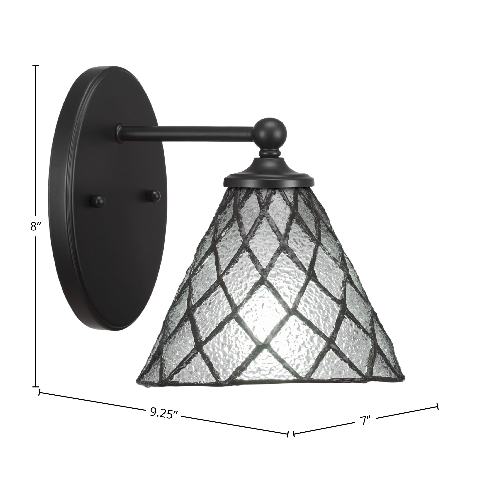Capri One Light Wall Sconce in Matte Black with 7" Diamond Ice Art Glass Shade
