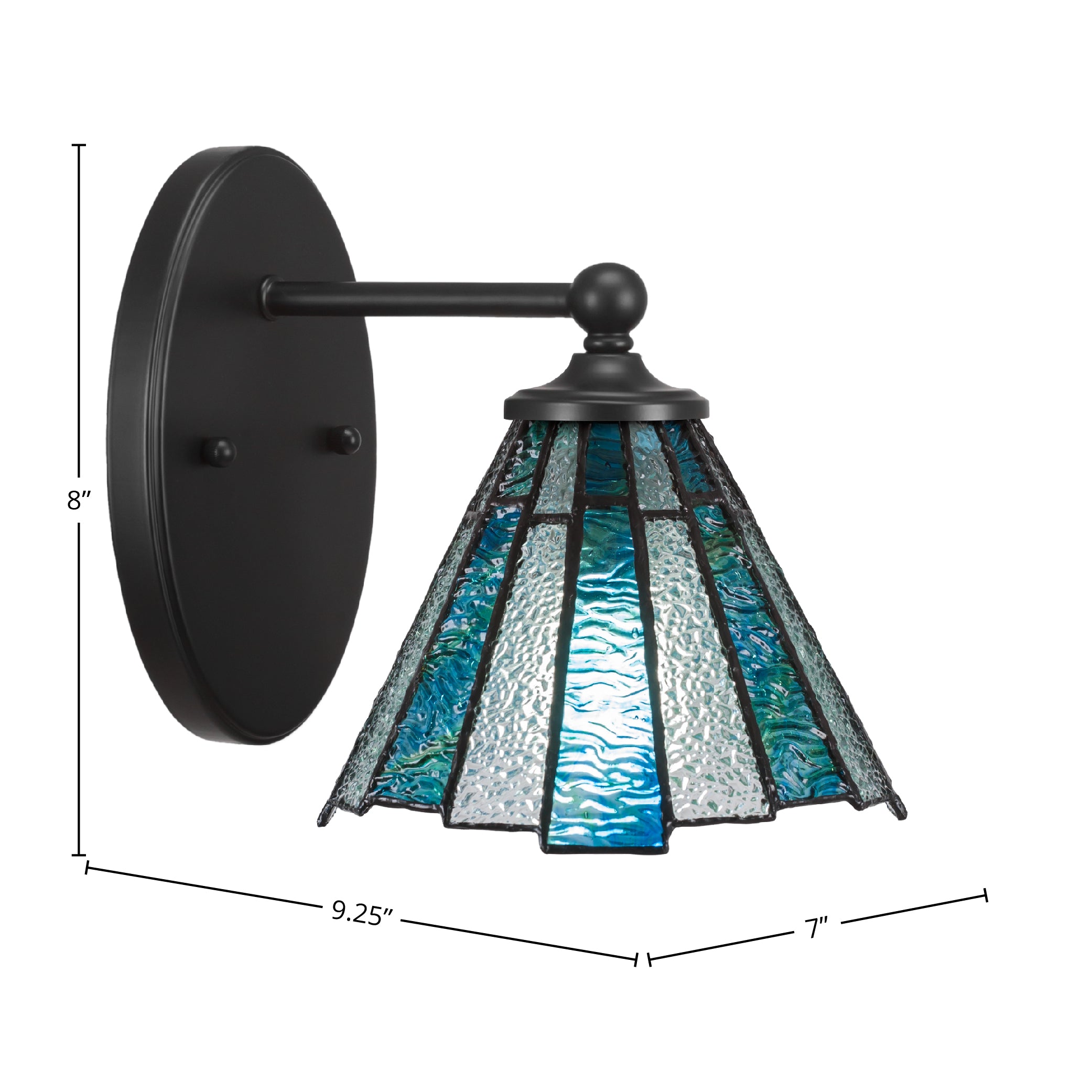 Capri One Light Wall Sconce in Matte Black with 7" Sea Ice Art Glass Shade