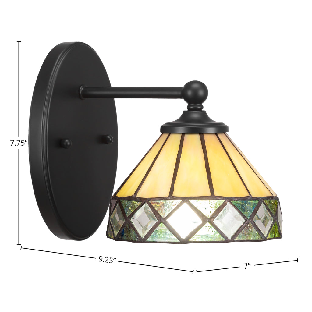 Capri One Light Wall Sconce in Matte Black with 7" Diamond Peak Art Glass Shade