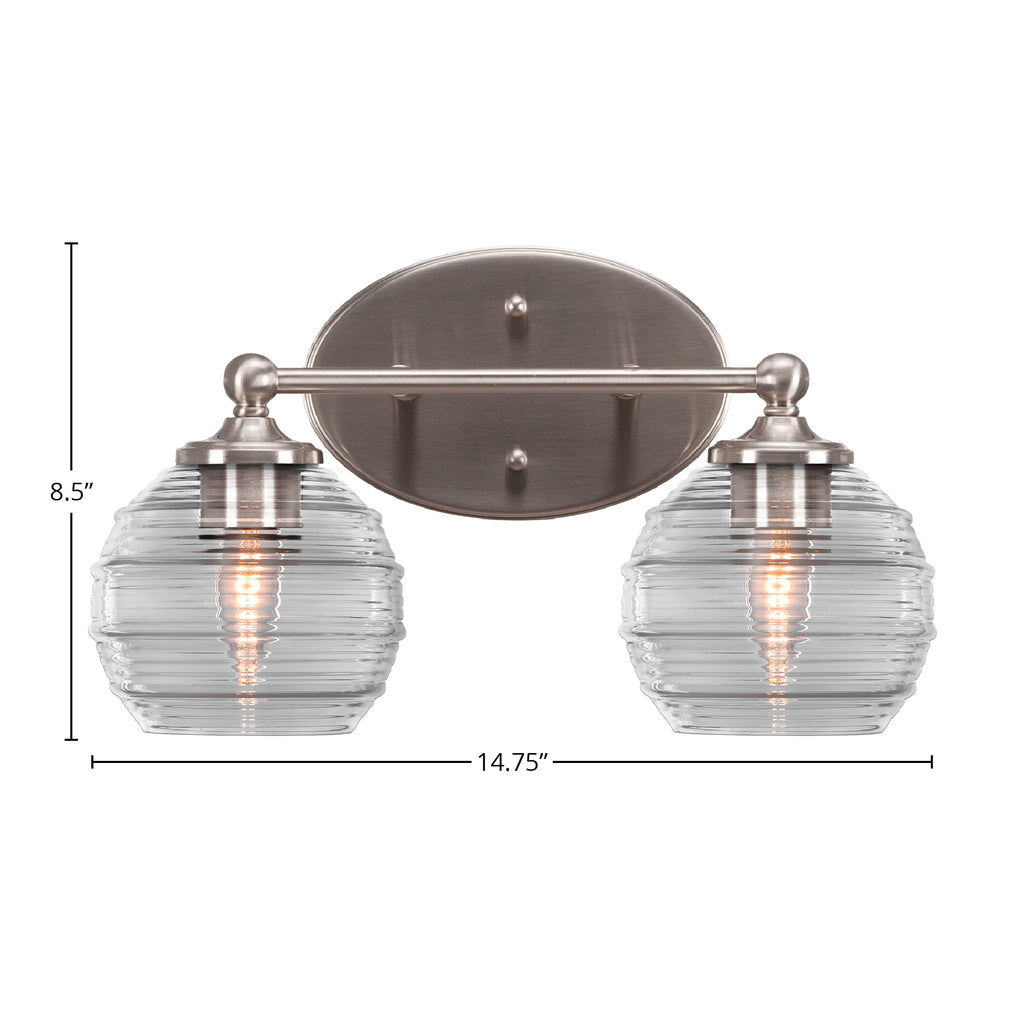 Capri Two Light Bath Bar in Brushed Nickel with 6" Clear Ribbed Shade