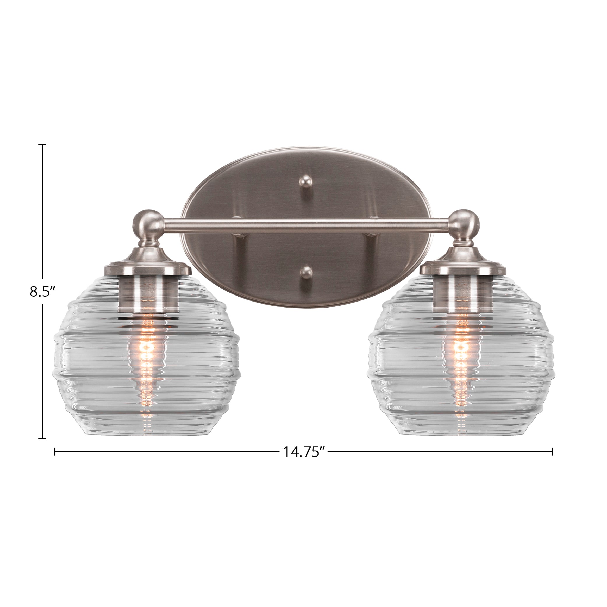 Capri Two Light Bath Bar in Brushed Nickel with 6" Clear Ribbed Shade