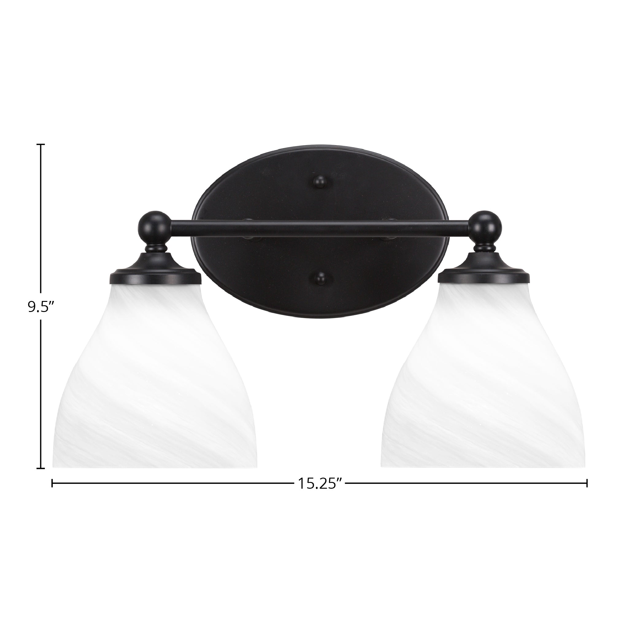 Capri Two Light Bath Bar in Matte Black with 6.25" White Marble Shade