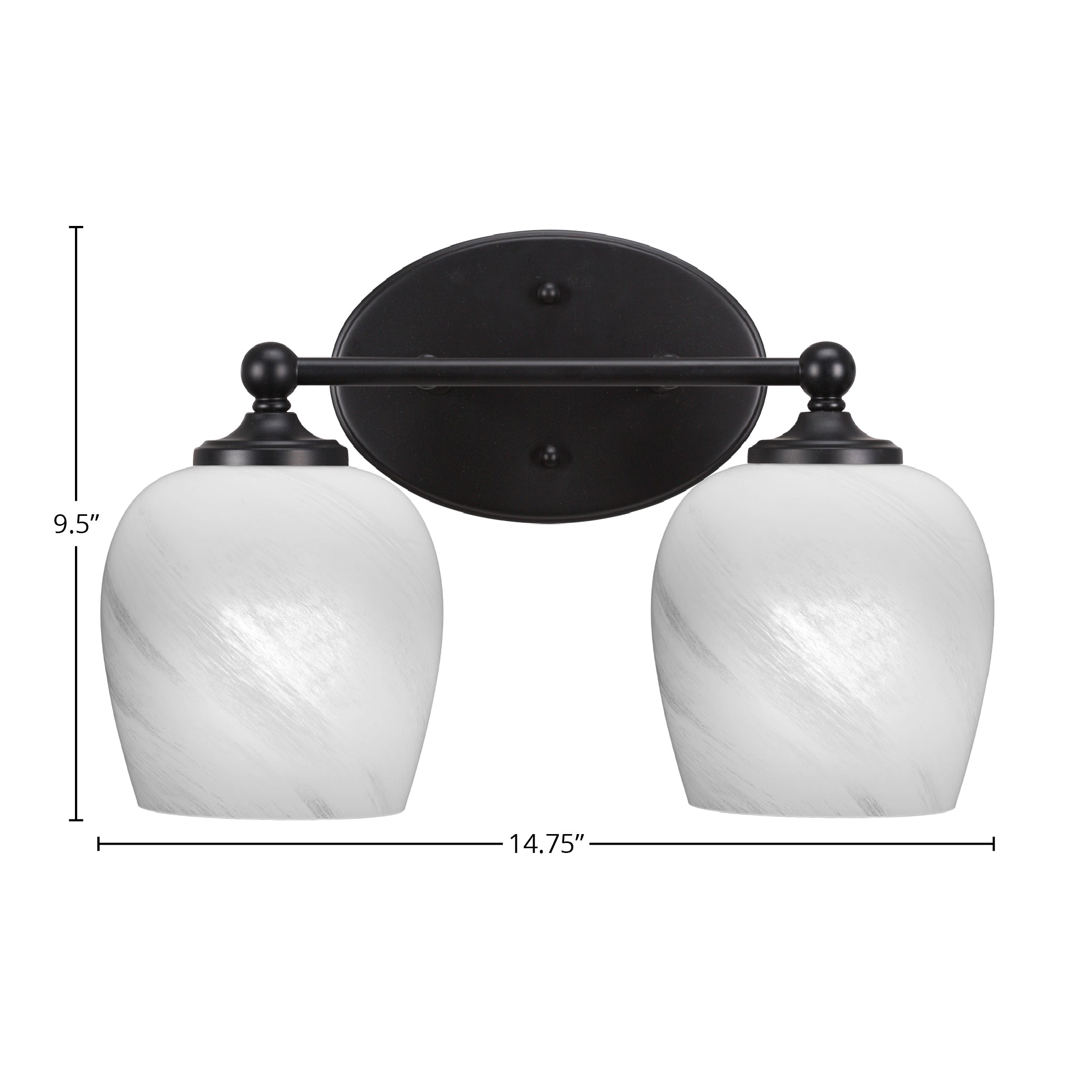 Capri Two Light Bath Bar in Matte Black with 6" White Marble Shade