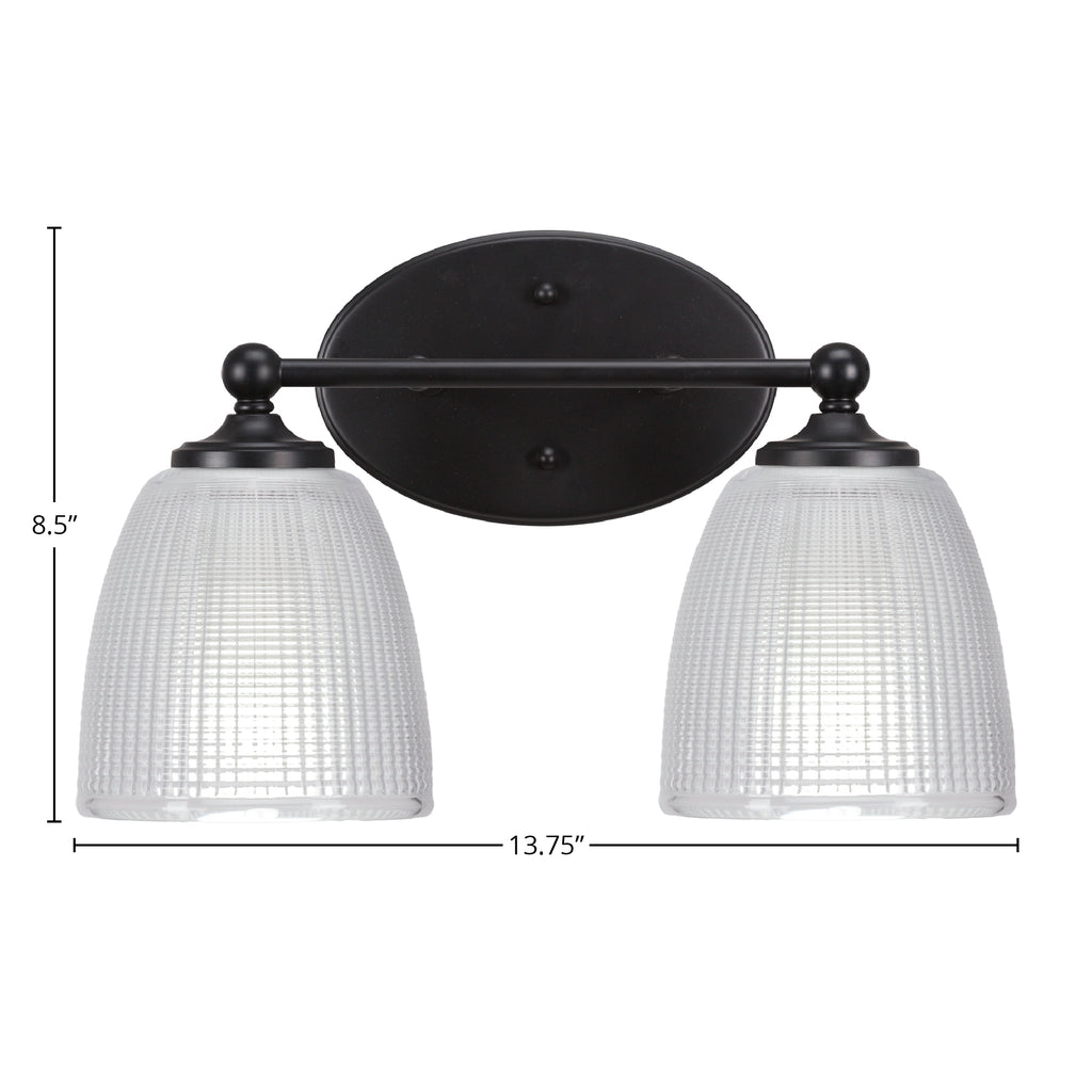 Capri Two Light Bath Bar in Matte Black with 5" Clear Ribbed Shade