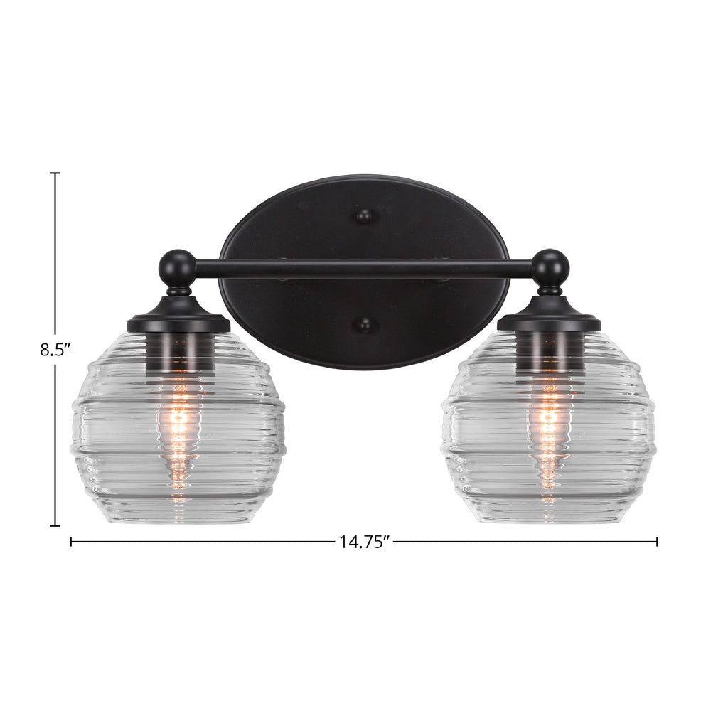 Capri Two Light Bath Bar in Matte Black with 6" Clear Ribbed Shade