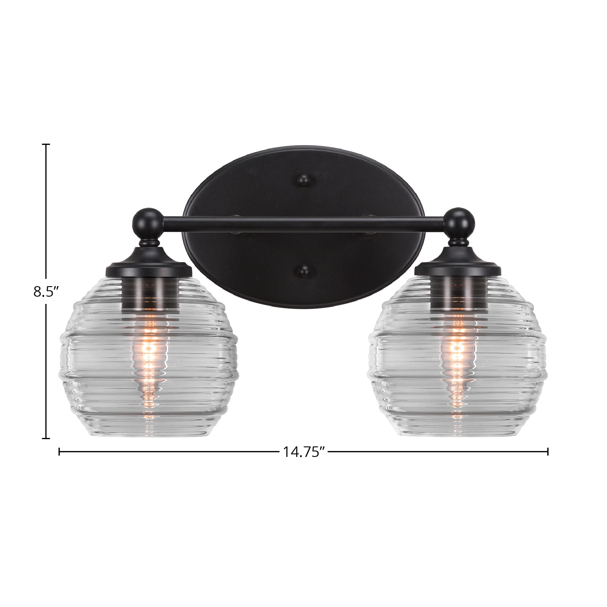 Capri Two Light Bath Bar in Matte Black with 6" Clear Ribbed Shade