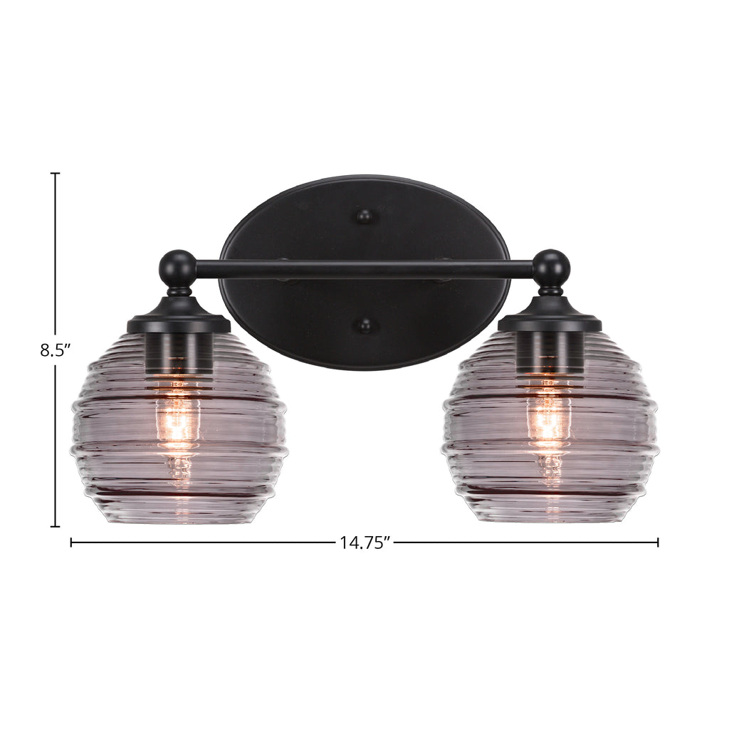 Capri Two Light Bath Bar in Matte Black with 6" Smoke Ribbed Shade