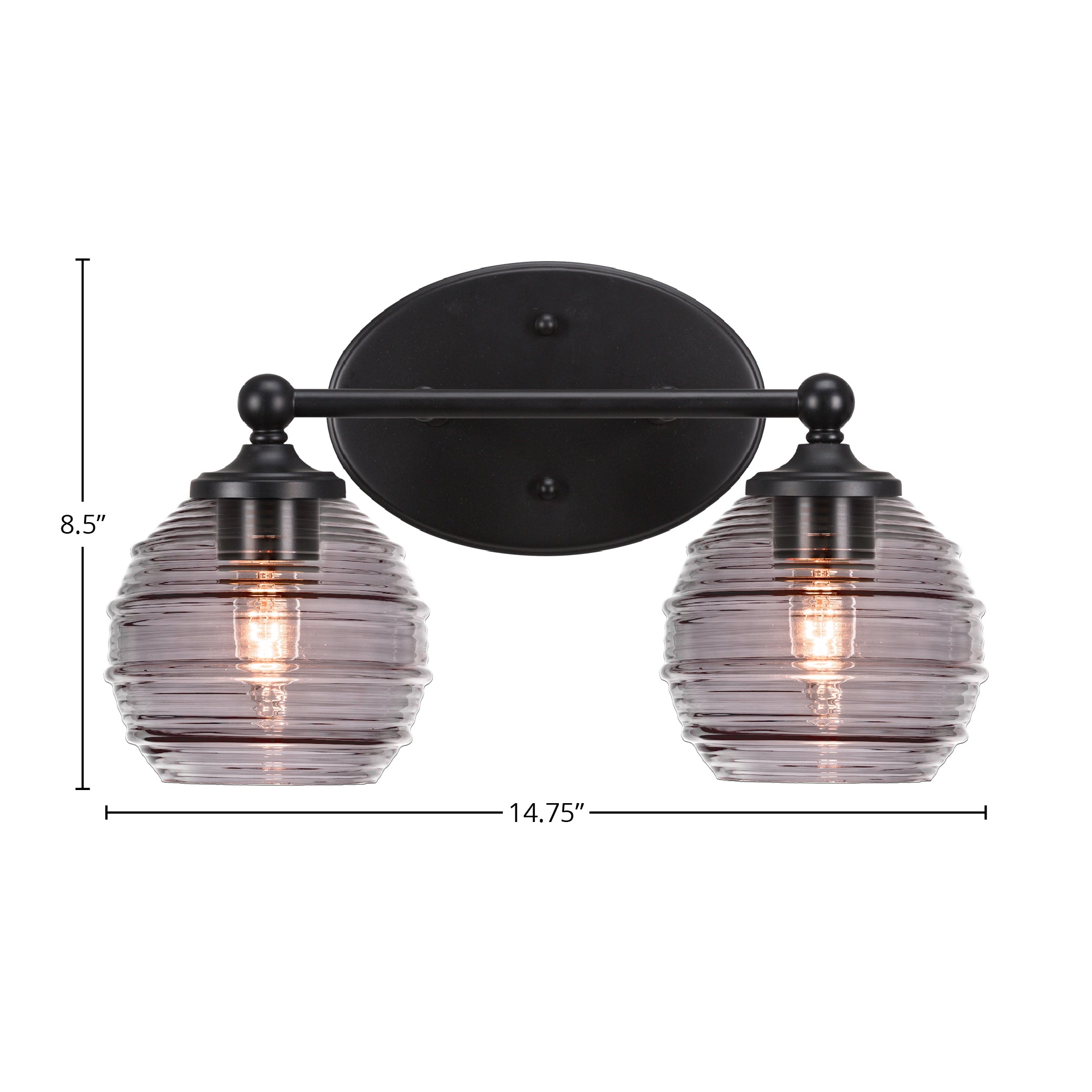 Capri Two Light Bath Bar in Matte Black with 6" Smoke Ribbed Shade