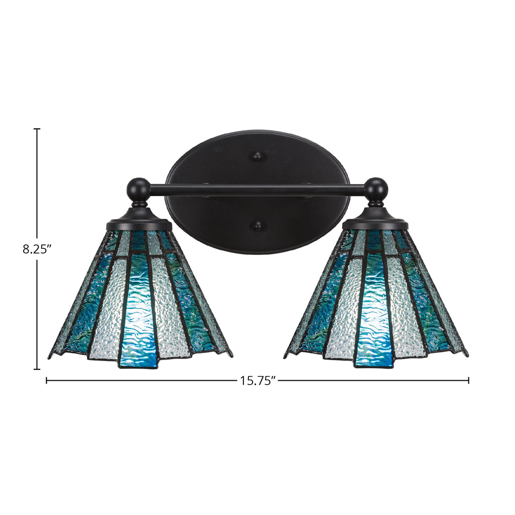 Capri Two Light Bath Bar in Matte Black with 7" Sea Ice Art Glass Shade