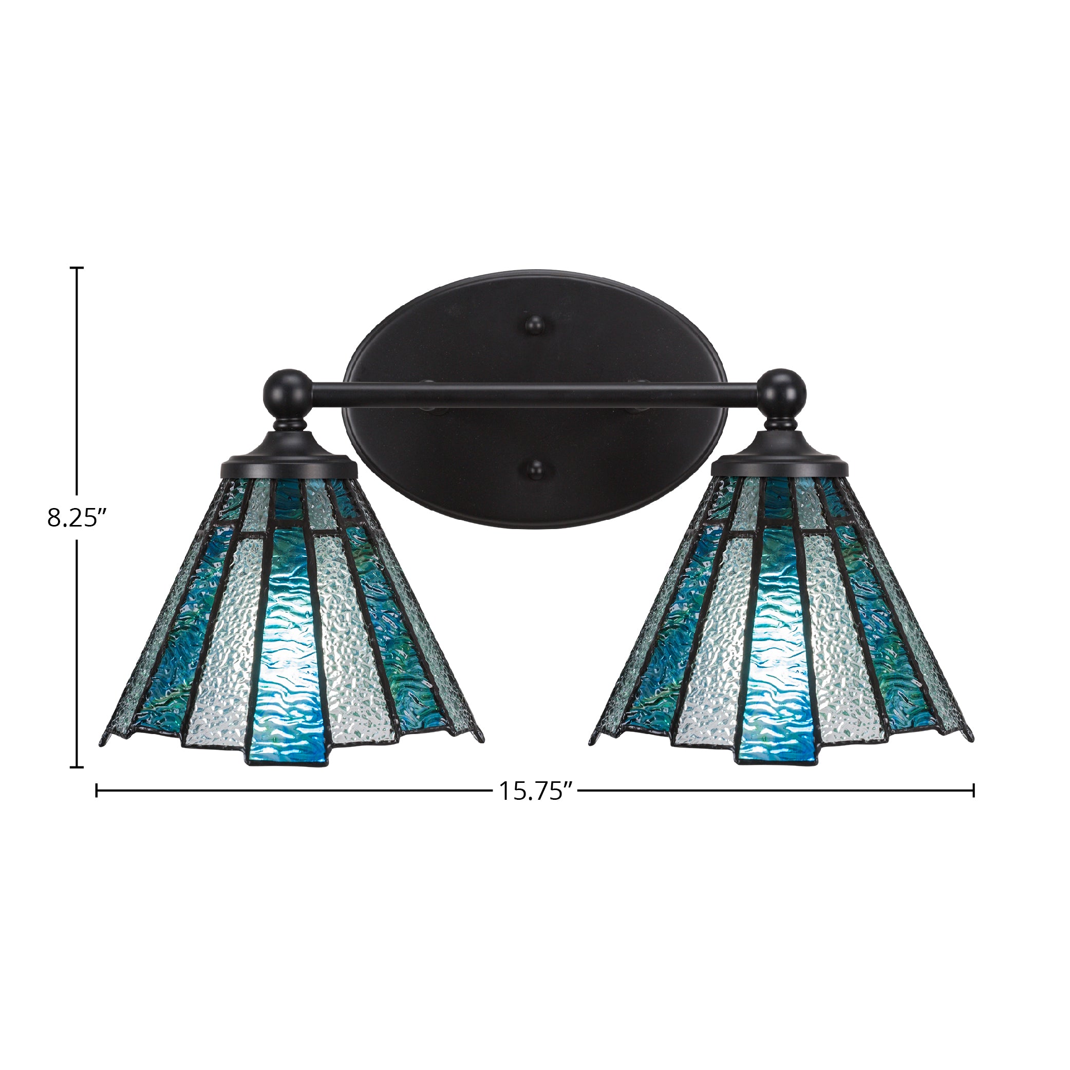 Capri Two Light Bath Bar in Matte Black with 7" Sea Ice Art Glass Shade