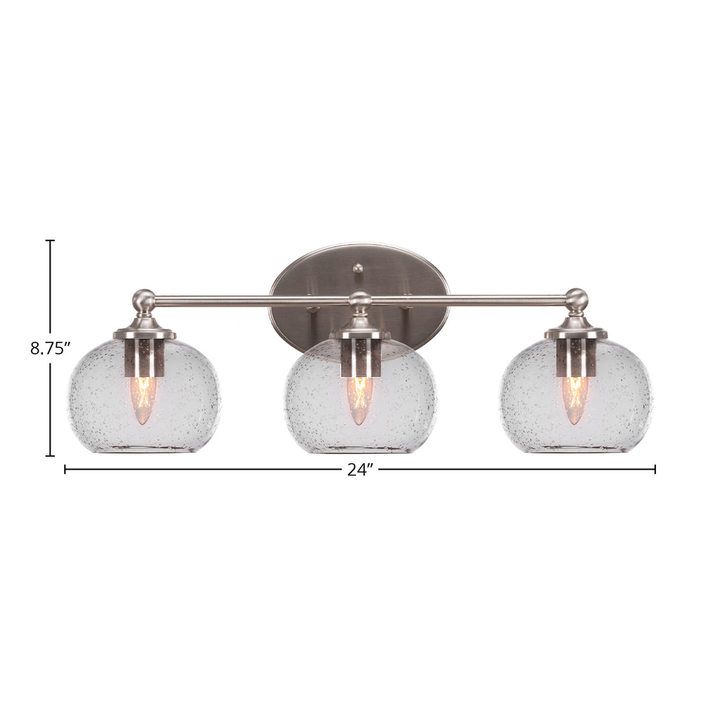 Capri Three Light Bath Bar in Brushed Nickel with 7" Clear Bubble Shade