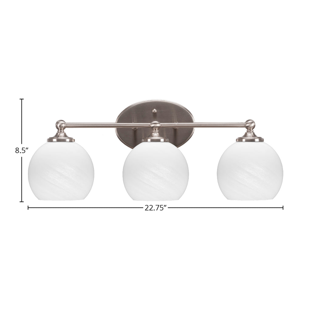 Capri Three Light Bath Bar in Brushed Nickel with 5.75" White Marble Shade