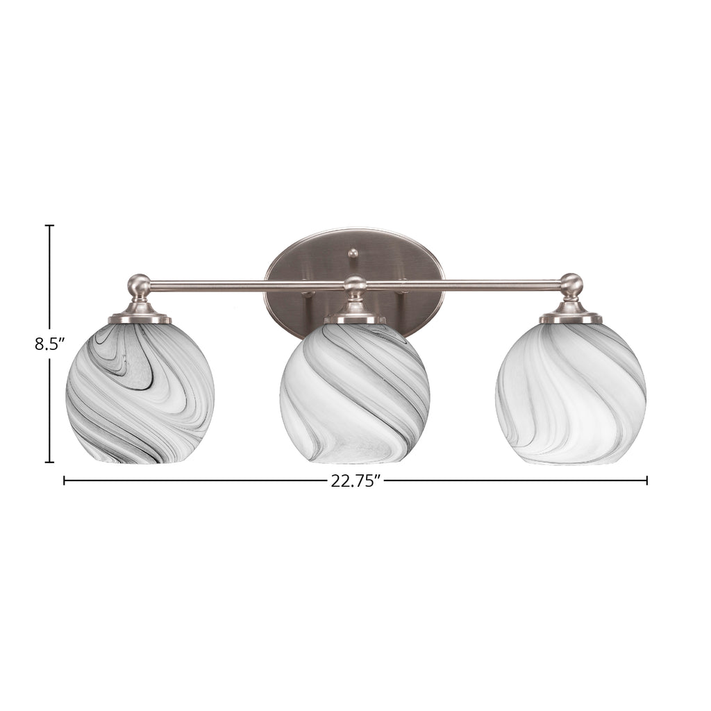 Capri Three Light Bath Bar in Brushed Nickel with 5.75" Onyx Swirl Shade
