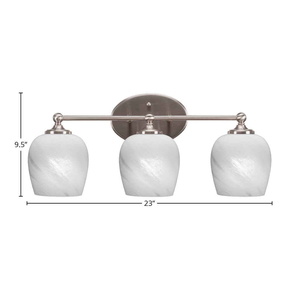 Capri Three Light Bath Bar in Brushed Nickel with 6" White Marble Shade
