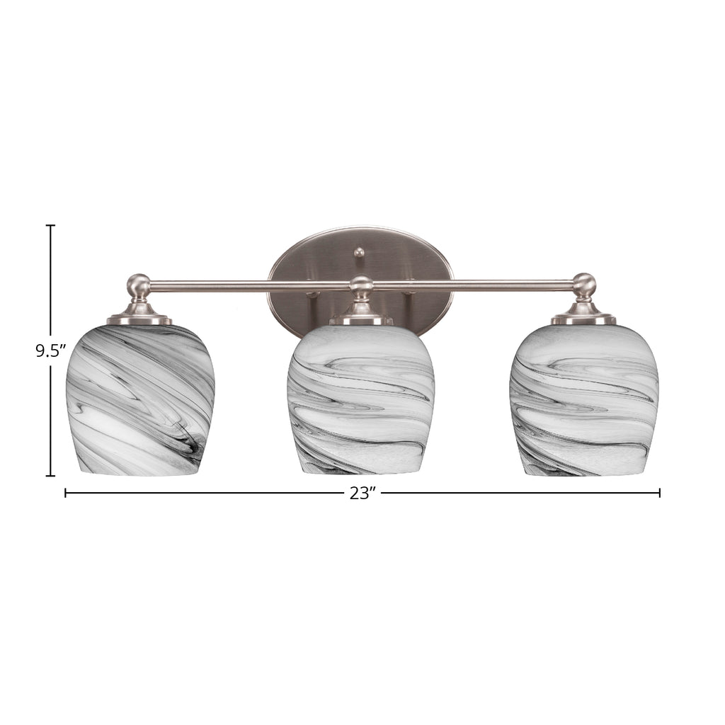 Capri Three Light Bath Bar in Brushed Nickel with 6" Onyx Swirl Shade