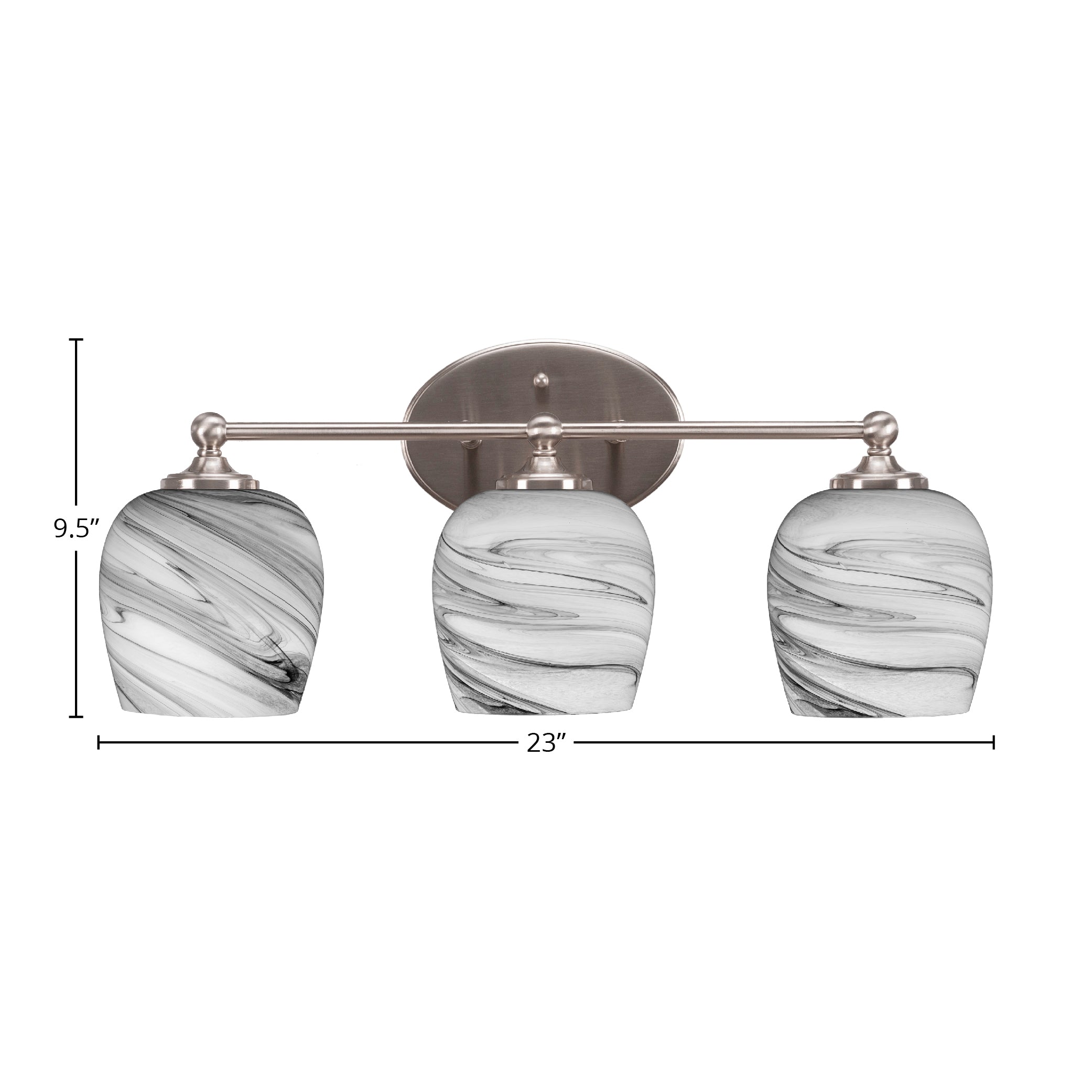 Capri Three Light Bath Bar in Brushed Nickel with 6" Onyx Swirl Shade