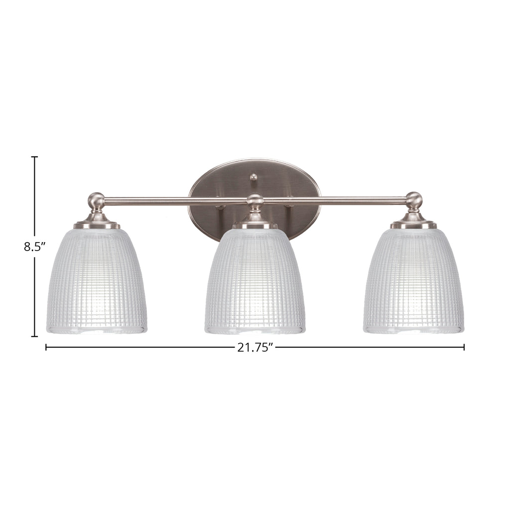 Capri Three Light Bath Bar in Brushed Nickel with 5" Clear Ribbed Shade