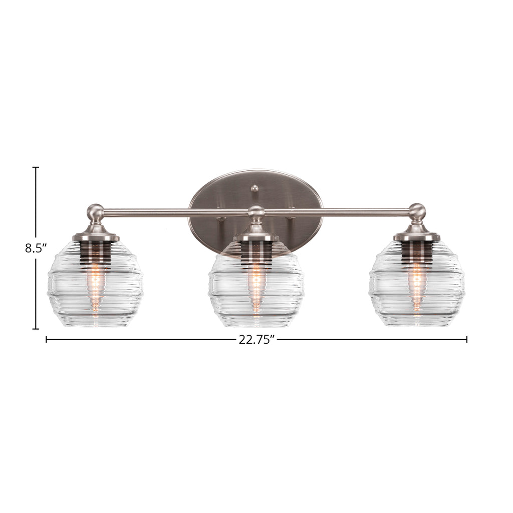 Capri Three Light Bath Bar in Brushed Nickel with 6" Clear Ribbed Shade