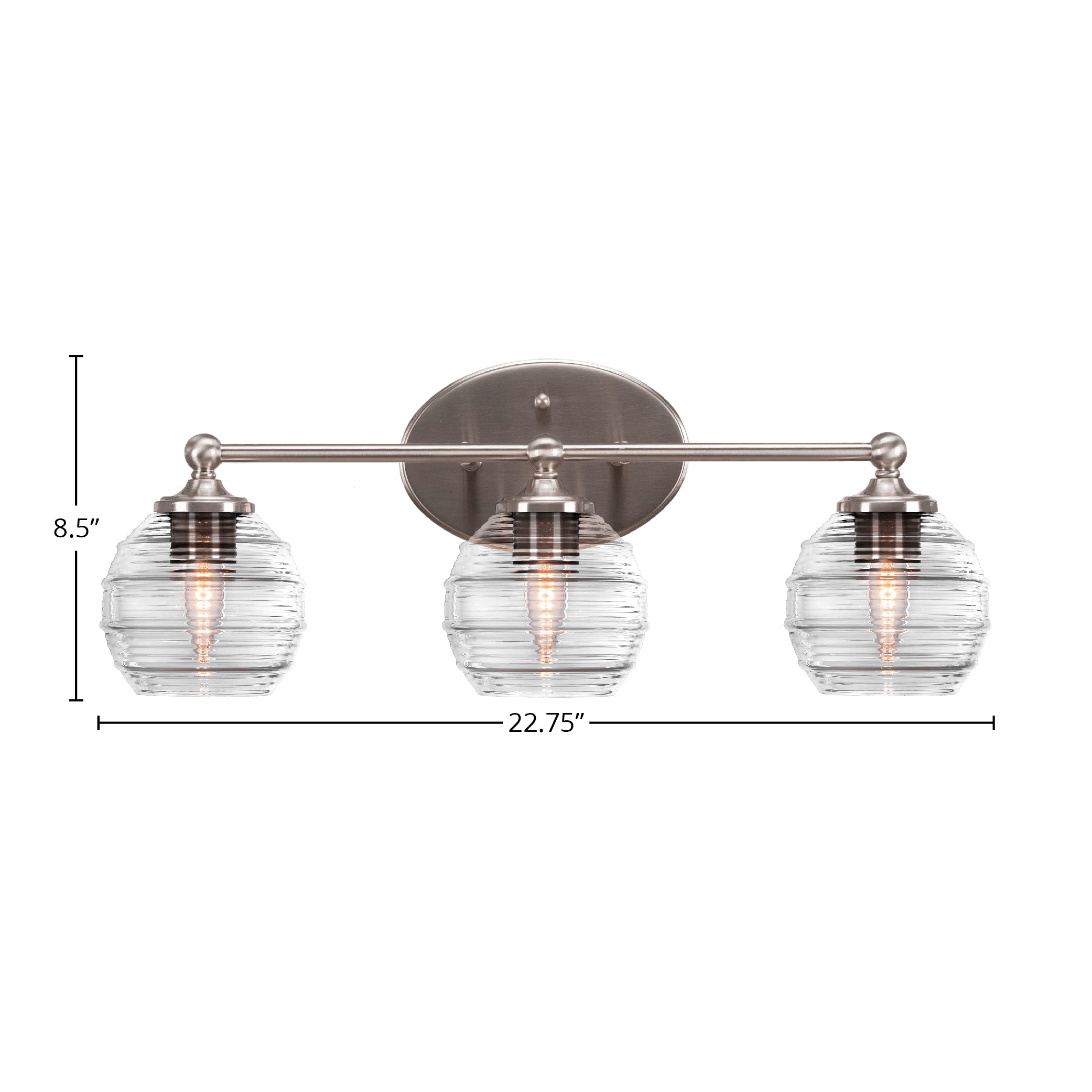 Capri Three Light Bath Bar in Brushed Nickel with 6" Clear Ribbed Shade